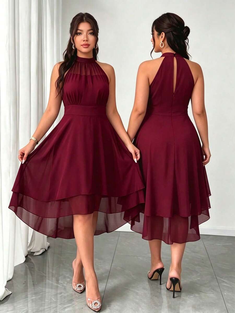 Elenzga Đầm size lớn cổ tròn sát nách, hai lớp bèo nhún, gấu váy bất đối xứng - Màu Đỏ Sâu - Xem 1