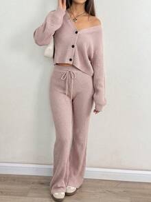 SHEIN EZwear 秋冬季女士休闲纯色宽肩带开衫搭配抽绳喇叭裤两件套 - 藕粉色 - 查看 5