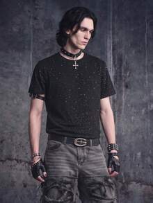 Vyqestra Men's Black Foil Round Neck T-Shirt With Shiny Lettering Print,Glitter Details And Iron-On Design,Short Sleeve Summer Casual Streetwear,City Break - Black - View 3