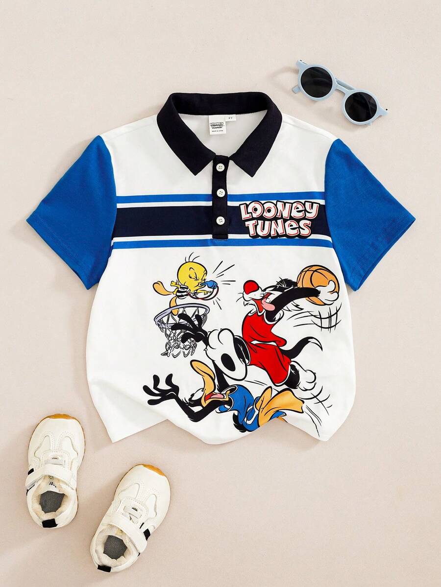 LOONEY TUNES X SHEIN 小男孩休閒卡通條紋印花短袖日常T恤 - 藍色 - 查看 1