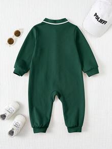 SHEIN 新生兒男嬰/女嬰秋冬款可愛卡通圖案 Polo 領長袖連身衣 - 綠色 - 查看 2