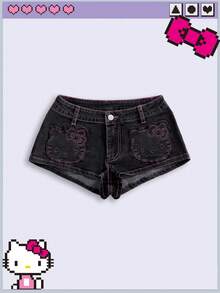 HELLO KITTY AND FRIENDS | ROMWE Kolaborasi Busana Musim Panas Gaya Y2K Hot Girl Celana Pendek Denim Mini Pinggang Sangat Rendah Kontras Hitam & Pink - Hitam - View 1