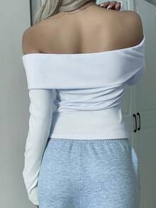 SHEIN 青少年女孩純色露肩修身百搭休閒T恤 - 藍色 - 查看 5