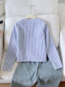 SHEIN Tween女孩藍白條紋百褶圓領前開短版夾克，度假學院風 - 藍色 - 查看 3