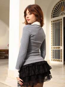 Ananda Vibes Kemeja Rajut Bergaris Kasual Wanita Model Pas Badan untuk Musim Semi - Dark Grey - View 2