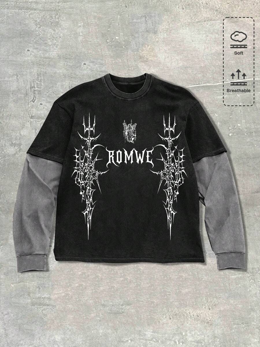 ROMWE MEN Casual Men's Distressed Washed Heavy Print Streetwear 2 In 1 Long Sleeve T-Shirt - Multicolor - View 1