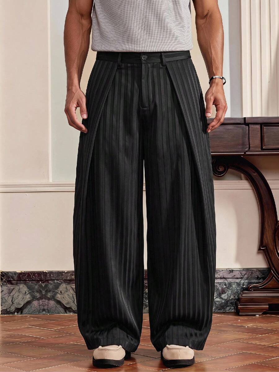 SWAVVY Pantalones de pierna ancha con rayas y pliegues con bolsillos para hombres - Negro - Ver 1