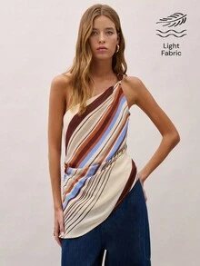 Nöista Top asimétrico de un solo hombro a rayas, perfecto para verano, otoño, vacaciones y salidas. - Albaricoque - Ver 1