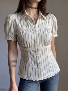 Aloruh Blouse rayée en patchwork de dentelle française pour femmes, chemise d'été à manches pétales, taille cintrée et col court - Multicolore - Voir 5