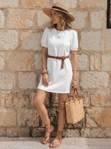 SHEIN Vestido corto casual de verano con mangas abullonadas de unicolor - Blanco - Ver 3