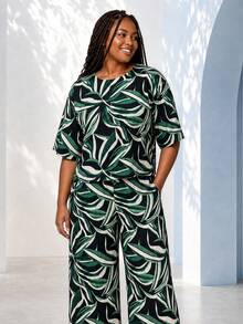 ELLERISSA Mono de pierna ancha y corto con estampado tropical verde en talla grande - Verde - Ver 6