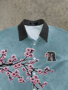 Manfinity ZONE917 Boxy Cropped Streetwear Distressed Faux-Snow Embroidery Cherry Blossom Pattern R-Logo All-Over Print Blue-Green Short Sleeve Shirt - Multicolor - View 2