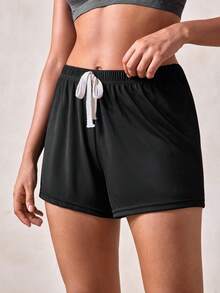 Veilyse 2 piezas Pantalones cortos casuales de mujer de unicolor con cordón, cómodos para el hogar y el sueño, adecuados para primavera, verano y otoño - Multicolor - Ver 5