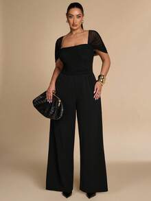 SHEIN BAE CURVE Plus Size Women's Black Lace Patchwork Long Sleeve Wide Leg Jumpsuit, Elegant Business Casual Dinner Cocktail Summer - Black - View 6
