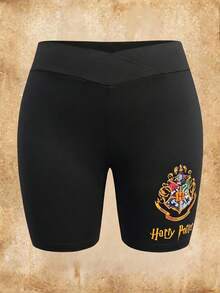 HARRY POTTER X SHEIN Plus Size Women Letter Print Leggings Shorts - Black - View 1