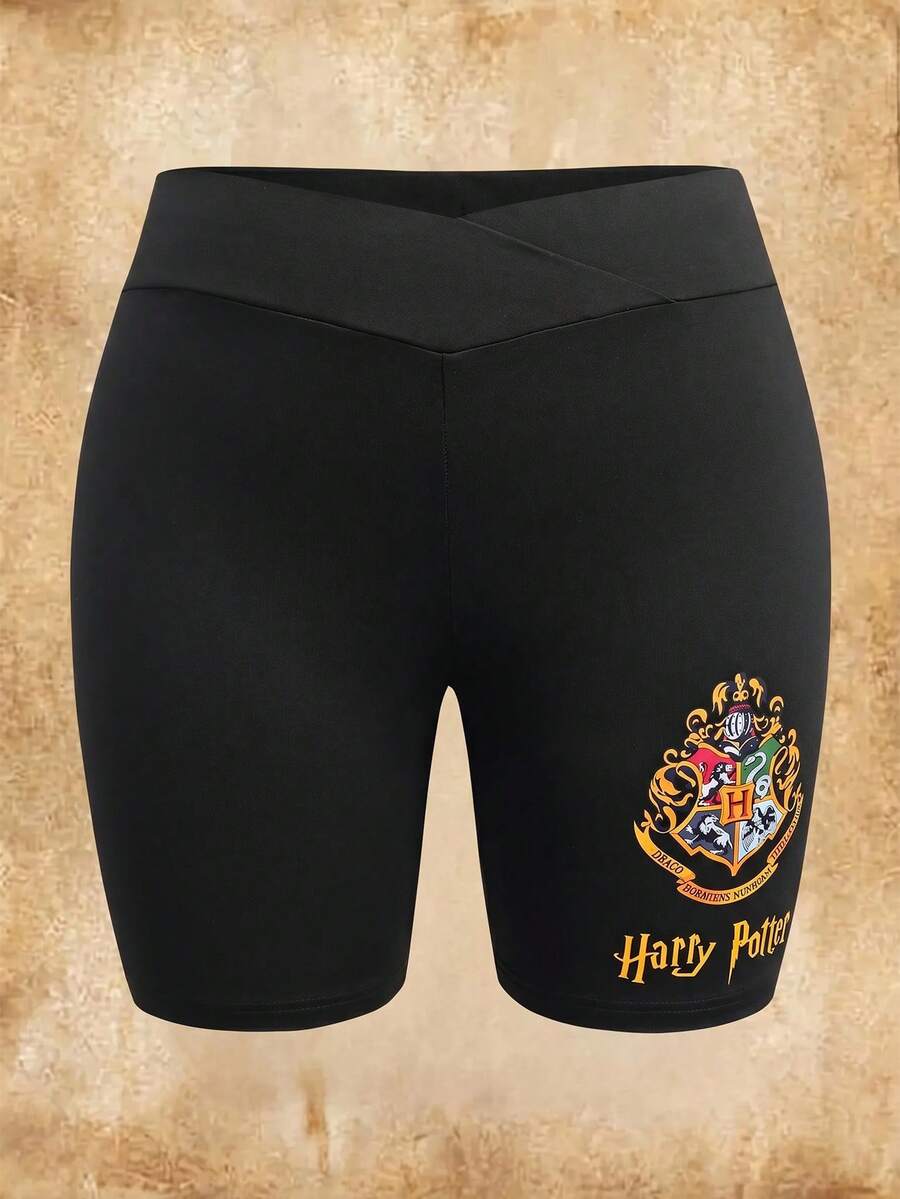 HARRY POTTER X SHEIN Plus Size Women Letter Print Leggings Shorts - Black - View 1