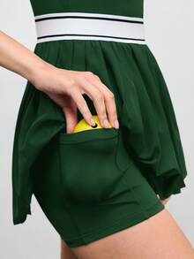 SHEIN Cheerettes 女式字母印花条纹圆领褶边无袖运动连衣裙 - 綠色 - 查看 6
