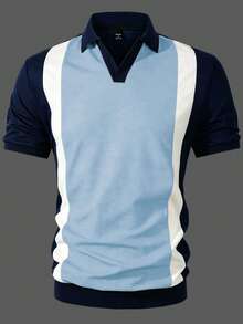 Manfinity Homme 男士休閒極簡條紋短袖 Polo 衫，適合通勤與辦公 - 彩色 - 查看 5