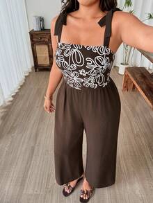 Weeklong Plus Size Bohemian Boho Vacation Casual Strappy Tie-Up Spaghetti Strap Sleeveless Printed Patchwork Long Pants Jumpsuit Brunch Brown Summer - Brown - View 1