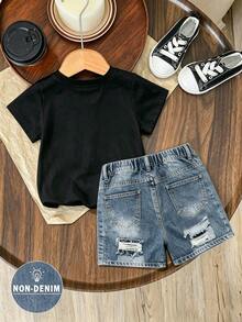 Young Boy Summer Casual Set, Crown K Logo Design, Colorblock Patchwork Short Sleeve T-Shirt + Shorts 2pcs Set, Cool Little Boy Must-Have, - Multicolor - View 2