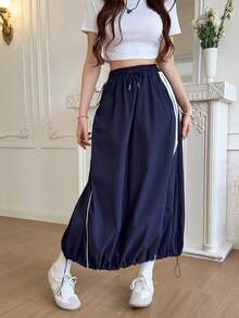 Feyla 女款抽繩腰拼接色口袋休閒日常裙 - 藏蓝色 - 查看 4
