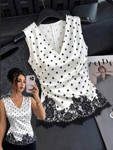 Elenzga V-Neck Polka Dot Tank Top Women's V-Neck Sleeveless Top, Waist Ruched, Polka Dot Pattern, Asymmetric Lace Spliced Hem, French Elegant Casual Style, Versatile For Daily Outdoor Commute - Black and White - View 8