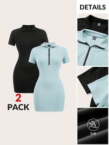 SHEIN BASICS 2件組休閒素色針織半拉鍊POLO領迷你洋裝女款夏季套裝 - 彩色 - 查看 12