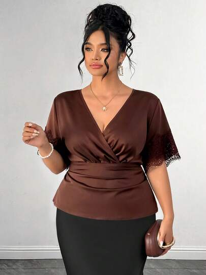 Elenzga 大尺碼女款夏季優雅V領收腰棕色蕾絲裝飾短袖上衣，適合約會、生日、外出