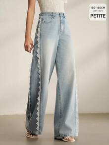 Anewsta Petite Women's Lace Trim Pocket Button Casual Versatile Daily Wear Jeans - Blue - View 2
