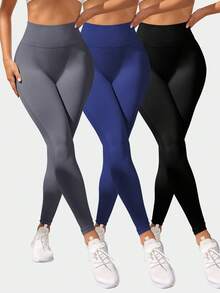Velisys Velisys 女款純色高腰休閒百搭日常穿著運動緊身內搭褲 3件/包 - 彩色 - 查看 3