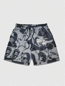 ROMWE MEN Street Life Celana Pendek Kargo Pria dengan Tali Serut dan Motif Huruf, Kasual, Serbaguna, untuk Perjalanan Sehari-hari - Grey - View 1