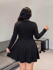 Vibekara Autumn New Casual Slim Fit Waist-Cinching Flattering Black Solid Color Plus Size Dress Fall - Black - View 2