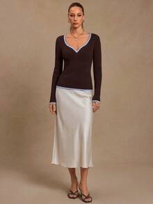 SHEIN Brown And Blue Contrast Trim Deep V-Neck Ribbed Knit Top Fitted Long Sleeve Slim Silhouette Chic Casual Sexy Basic Pullover Night Autumn Holiday Work - Brown - View 5
