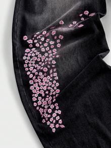 ROMWE MEN 男士花卉刺繡圖案彎曲寬鬆版牛仔褲 - 黑色 - 查看 4