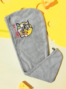 TOM & JERRY X SHEIN 卡通刺繡黃色毛絨乾髮帽，適用於居家浴室 - 灰色 - 查看 7