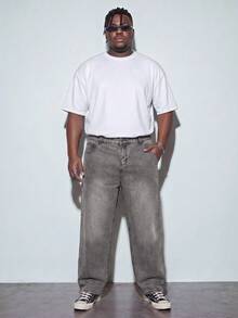 Modcrash Celana Jeans Pria Kasual Modern Warna Abu-abu Muda Polos Model Lebar Ukuran Besar - Light Grey - View 1