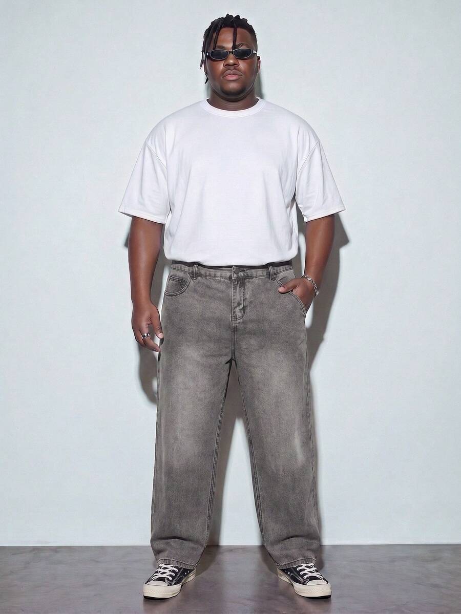 Modcrash Celana Jeans Pria Kasual Modern Warna Abu-abu Muda Polos Model Lebar Ukuran Besar - Light Grey - View 1