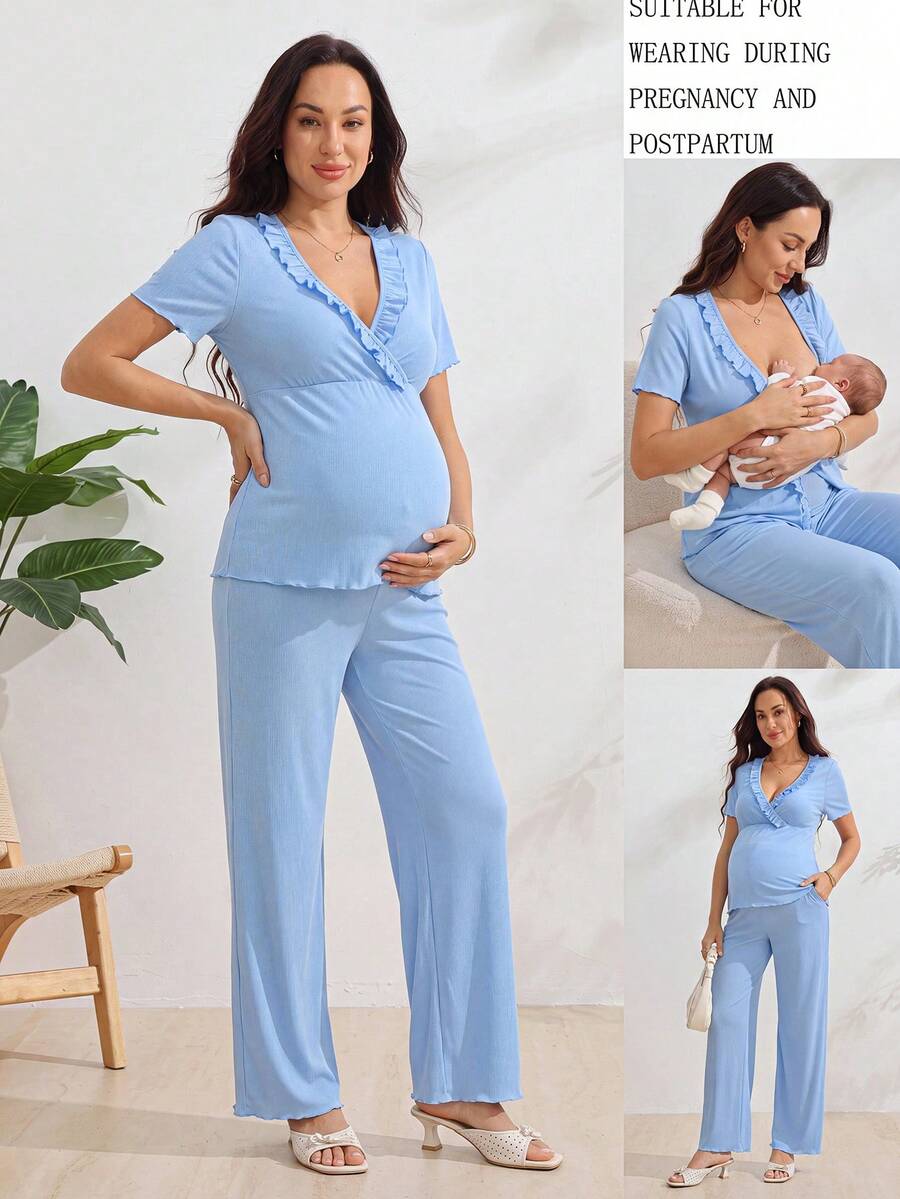 SHEIN 孕婦純色V領哺乳上衣與可調腰長褲休閒軟挺日常2件套 出院穿著 天藍色 - 藍色 - 查看 1