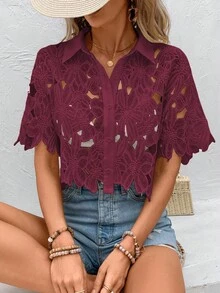 SHEIN Clasi 女款鏤空刺繡短袖單排扣時尚襯衫 - 紅色 - 查看 6