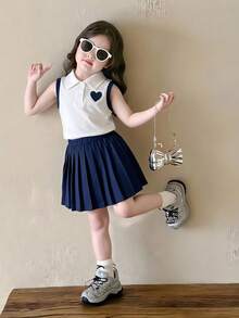 Elladie kids 1件隨機款女款大學風 Polo 領無袖針織 T 恤百褶裙套裝，返校穿搭，夏季服飾 - 彩色 - 查看 5