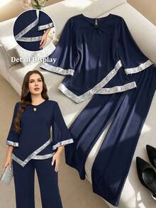 Reflora Plus Size Colorblock Sequin Patchwork Asymmetric Hem Round Neck Top And Wide Leg Pants Elegant 2 Pieces Set Formal Wedding Navy Blue Autumn Fall - Navy Blue - View 7