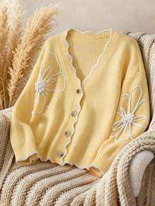 CosyJoli Chaqueta tipo cárdigan de mujer talla grande elegante y casual con contraste de color y diseño floral 3D para invierno - Amarillo - Ver 1
