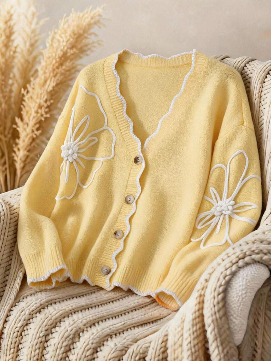 CosyJoli Chaqueta tipo cárdigan de mujer talla grande elegante y casual con contraste de color y diseño floral 3D para invierno - Amarillo - Ver 1
