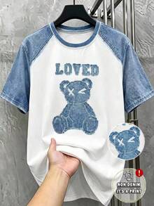 GENTILAND Retro American White Contrast Color Drop Shoulder T-Shirt With Cartoon Bear Print,Summer Casual Streetwear Crew Neck Graphic Tee For Men's,City Break - Multicolor - View 2