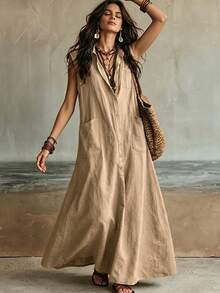 Trelyra Women's Solid Color Multi-Pocket Single-Breasted Casual Sleeveless Shirt Dress Long - Khaki - View 6
