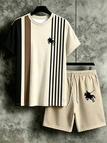 Manfinity Homme Men's Casual Contrast Striped Print T-Shirt & Shorts Set, Summer, Holiday - Multicolor - View 2
