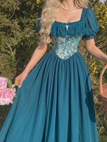 Skyraze Vintage Blue Oil Painting Print Puff Sleeve Chiffon Dress - Dusty Blue - View 1