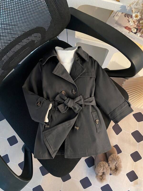 SHEIN 1 chiếc áo khoác trench dài vừa tay dài có cổ và thắt lưng màu đen cho bé trai/bé gái, phong cách đường phố tối giản, phù hợp mặc đi làm mùa thu, áo khoác phong cách đại học thời trang