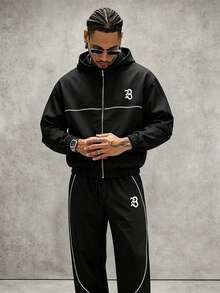 PAVTROS Men's Letter Print Hooded Zip-Up Jacket And Contrast Trim Pants Set,2 Piece White And Black,Autumn,Streetwear,Holiday Tracksuit Set Jogging Suits - Black - View 4