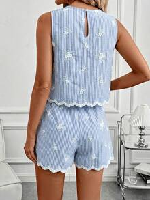 SHEIN Clasi 女款條紋花卉刺繡圖案上衣與裙褲兩件套 - 藍白色 - 查看 2